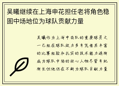 吴曦继续在上海申花担任老将角色稳固中场地位为球队贡献力量 吴曦继续在上海申花担任老将角色稳固中场地位为球队贡献力量